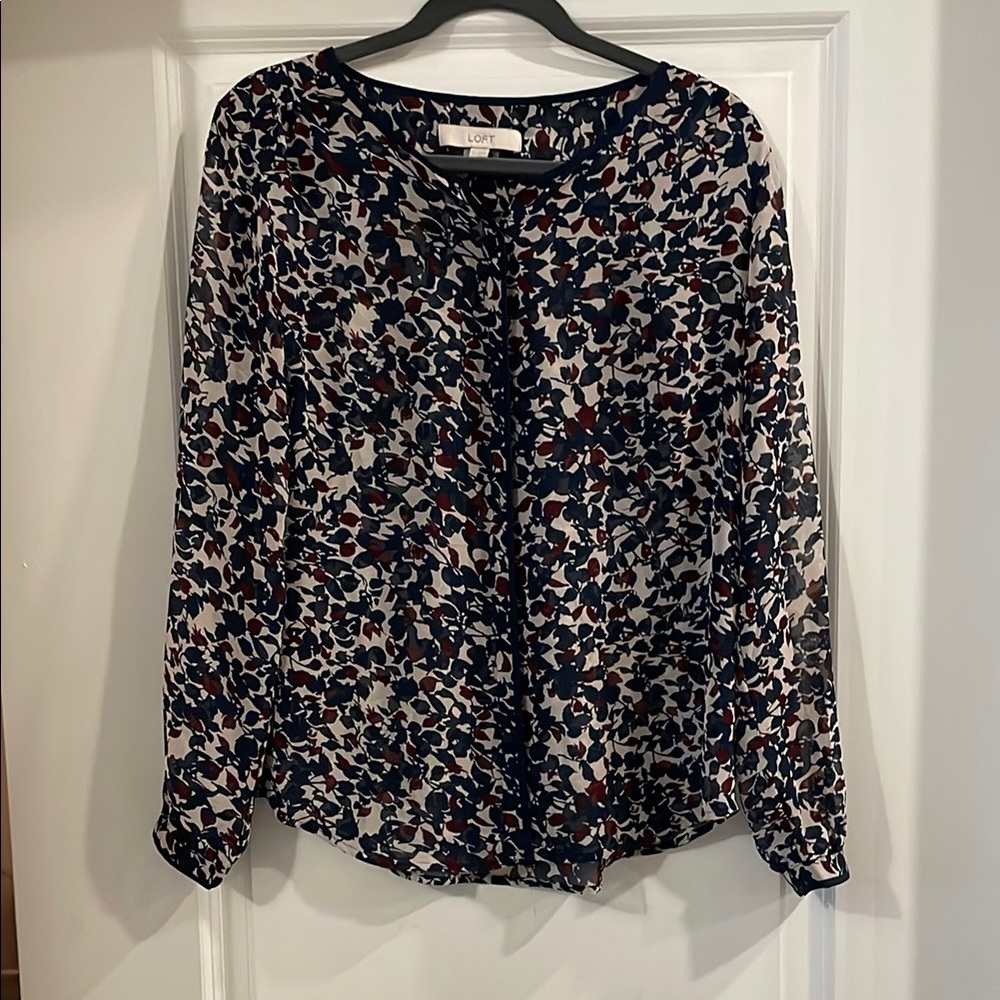 LOFT Navy and Maroon Long Sleeve Buttoned Blouse